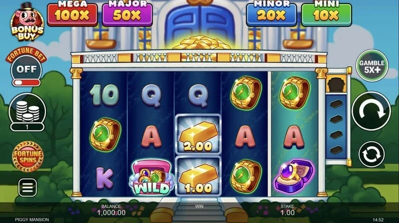 Piggy Mansion - pantalla de juego con cuadrícula de 5x3 y signos de dinero